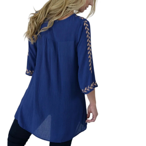 Umgee Blue Tan Embroidered Boho Lightweight Cotton Blend Tunic Top Size Large - Picture 3 of 9